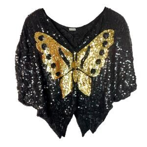 Sequin Butterfly Top Beaded Vintage 70/80s Glam Sparkle Silk